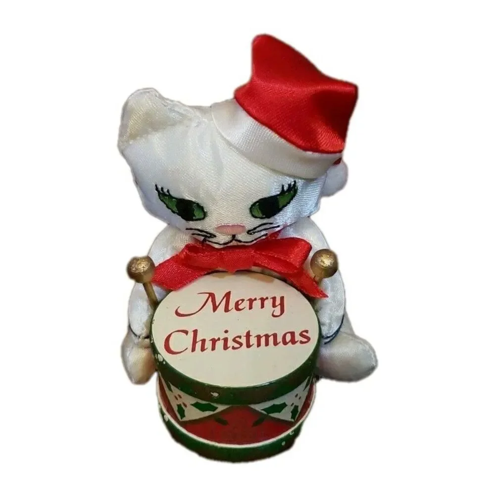 Fancy Feast 1991 Cat Christmas Ornament Cat Drummer White Satin Wood Drum Russ